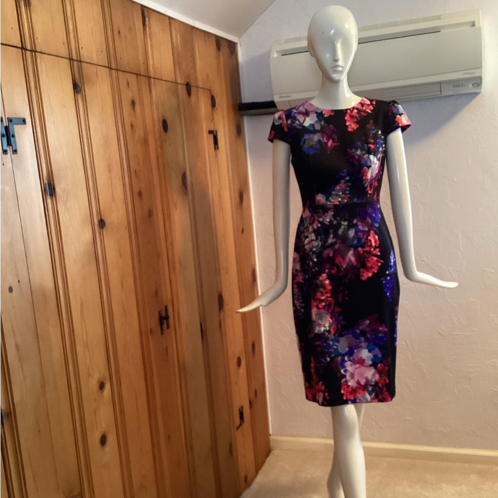 Betsey Johnson Black Floral-Print Midi Sheath Dress